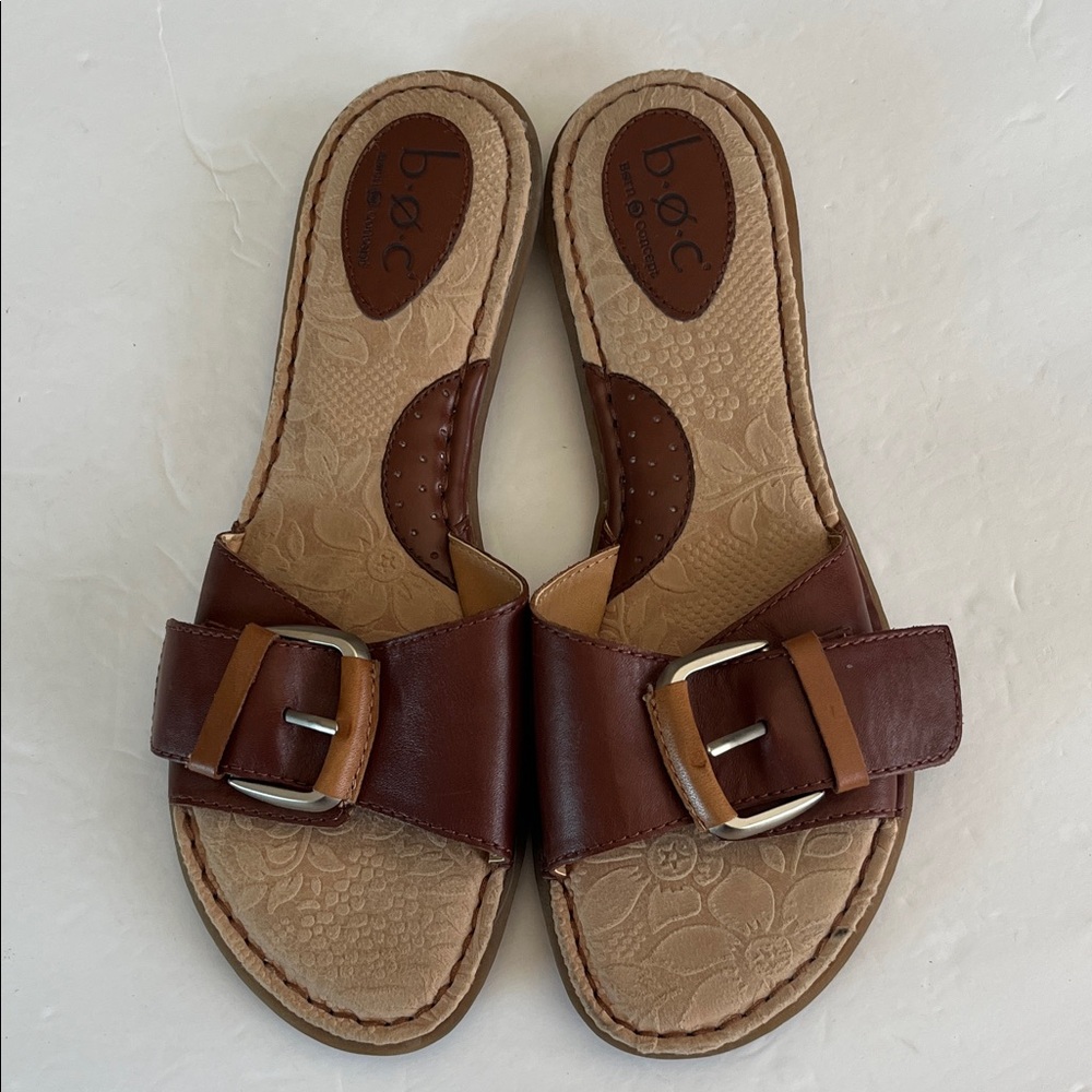 BOC BornConcept Saddle Brown slideon strap sandal silver buckle leather flats 10